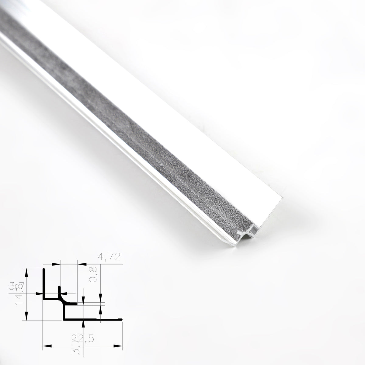 White aluminum inside corner trim for 3mm PVC wall panels with cross-section diagram