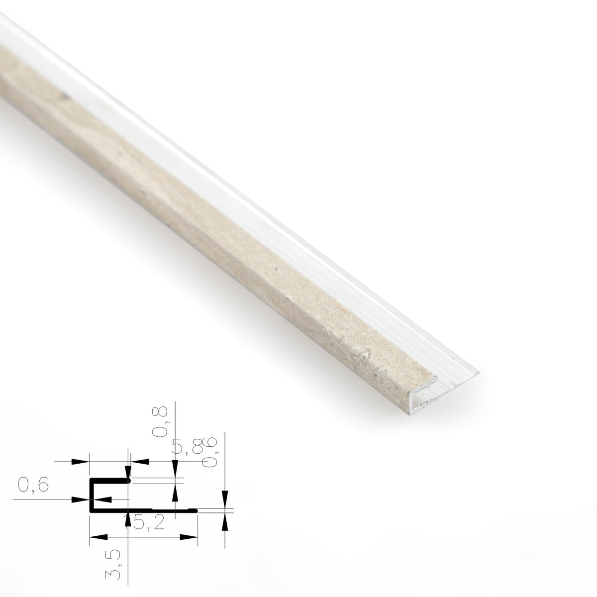 3mm aluminum end cap trim fitted over a beige PVC wall panel edge with cross-section diagram