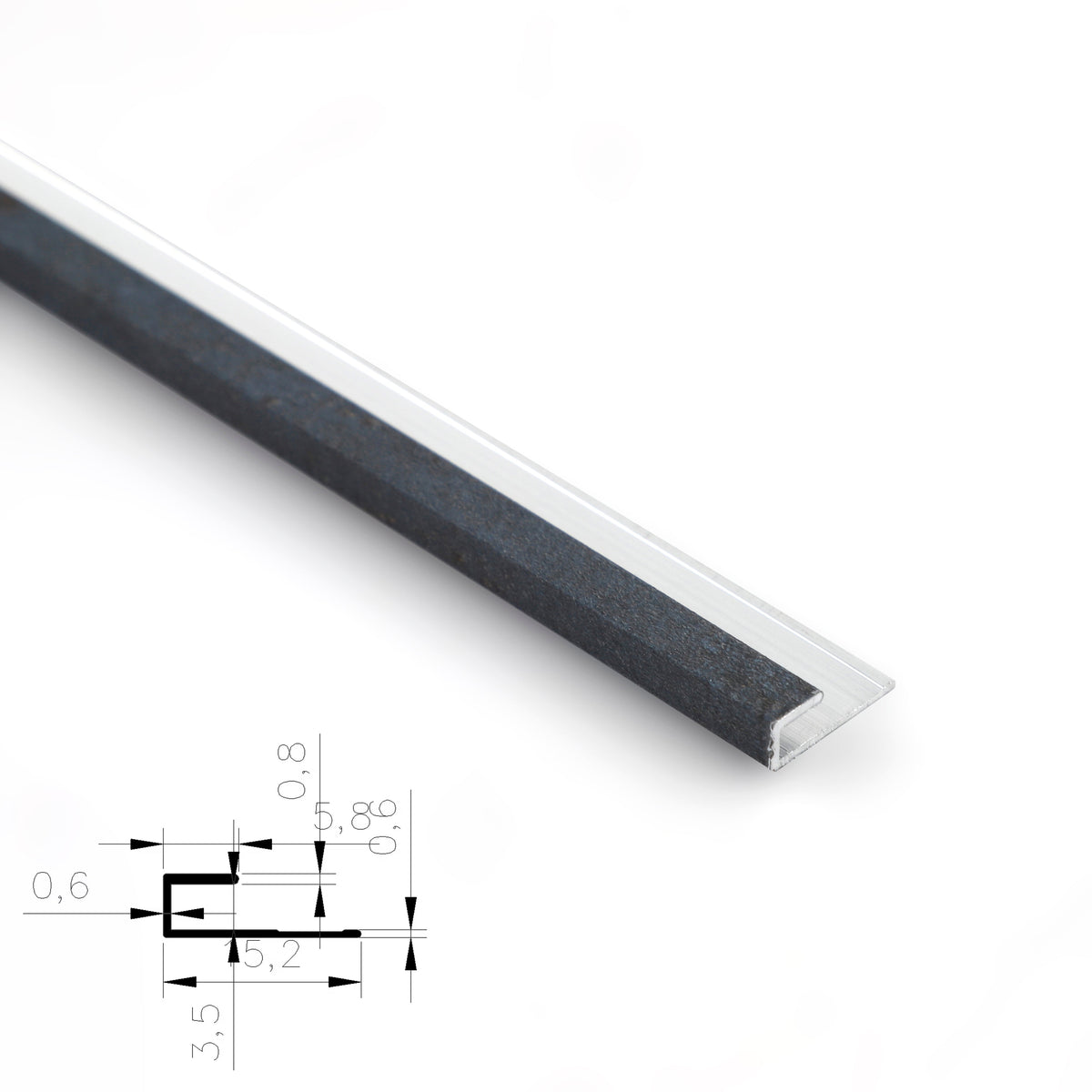 3mm aluminum end cap trim fitted over a dark gray PVC wall panel edge with cross-section diagram