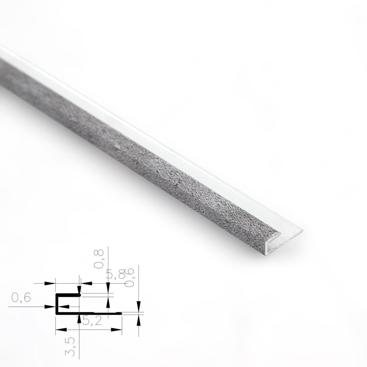 3mm aluminum end cap trim fitted over a textured gray PVC wall panel edge with cross-section diagram