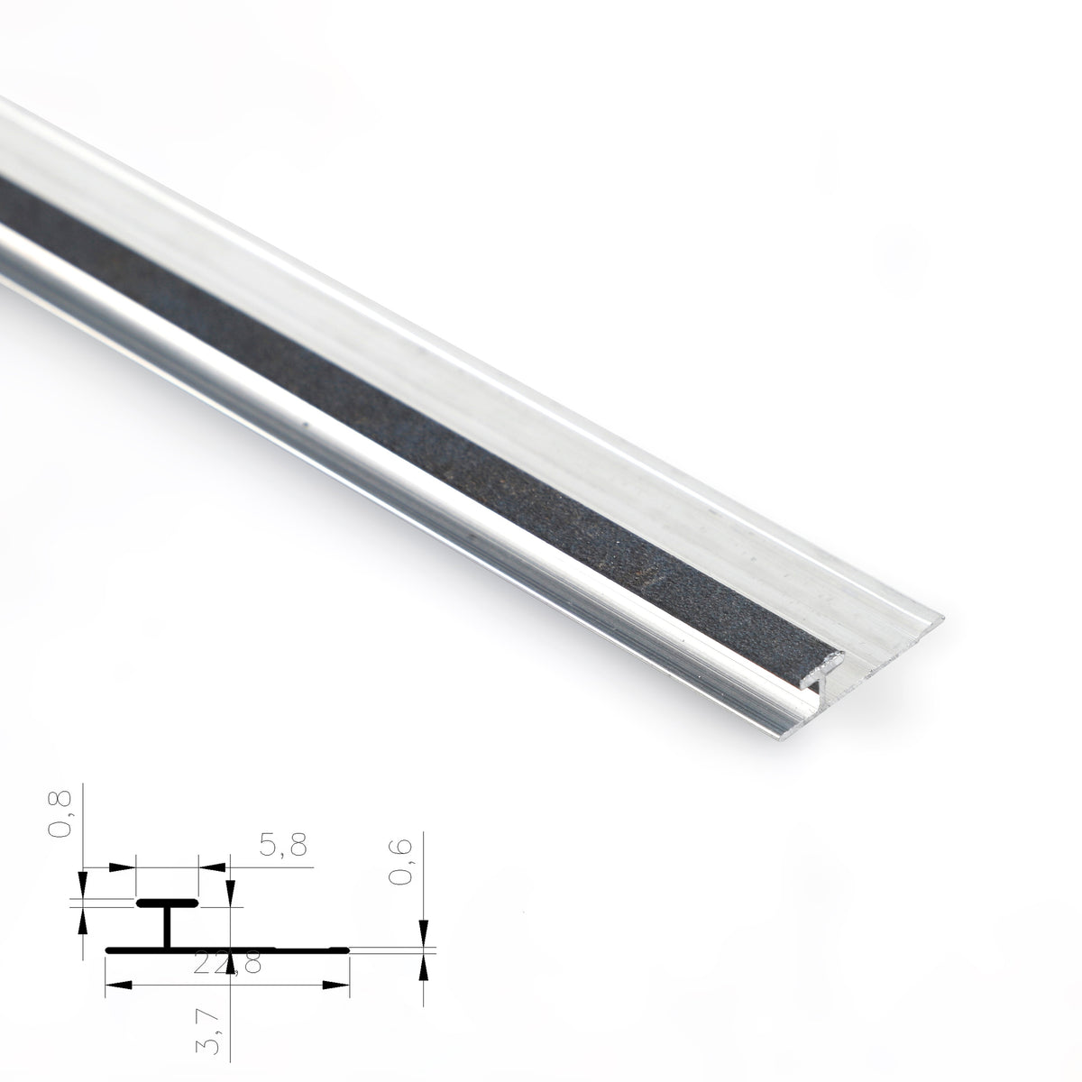 Silver 3mm aluminum H-joint connection trim with a dark charcoal center strip