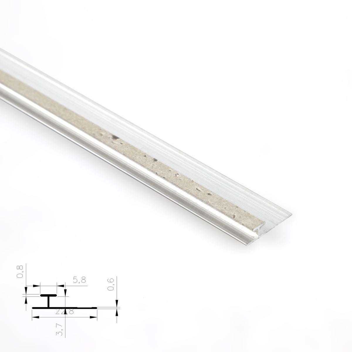 Silver 3mm aluminum H-joint connection trim with a beige textured center strip