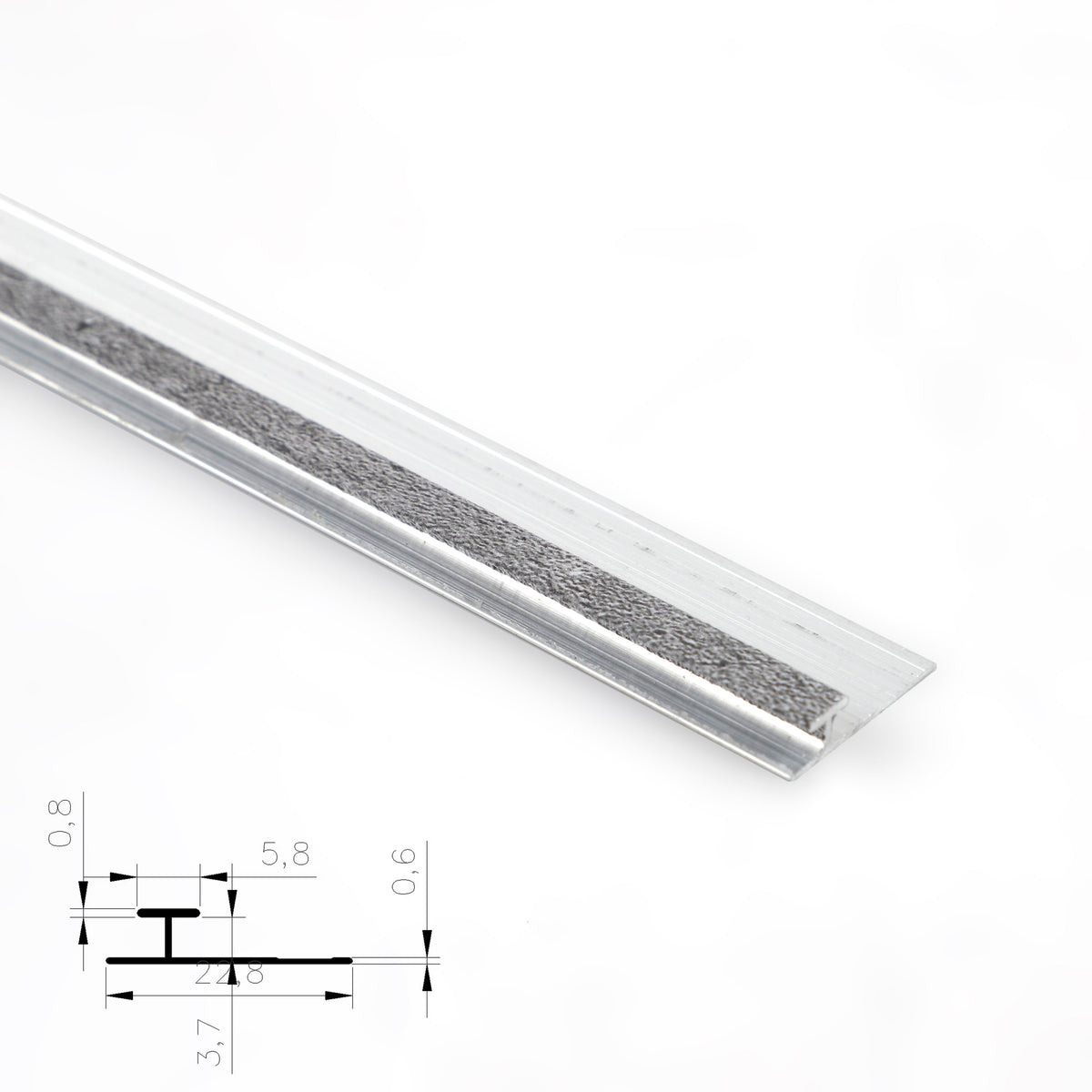 Silver 3mm aluminum H-joint connection trim with a speckled gray center strip
