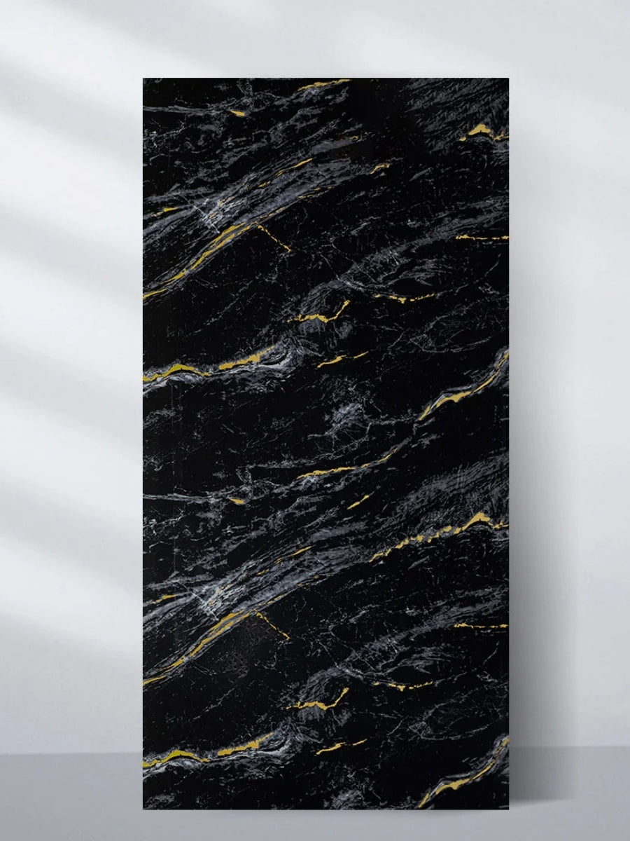 Midnight Gold Marble 4 x 8 ft PVC wall panel with a black surface and sweeping white and gold veining