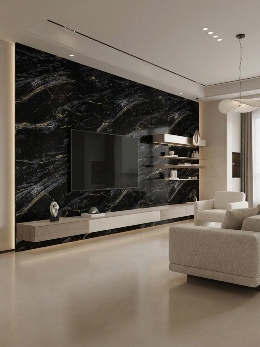 Midnight Gold Marble PVC wall panels installed as a black and gold TV feature wall in a modern living room