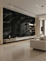 Midnight Gold Marble PVC wall panels installed as a black and gold TV feature wall in a modern living room
