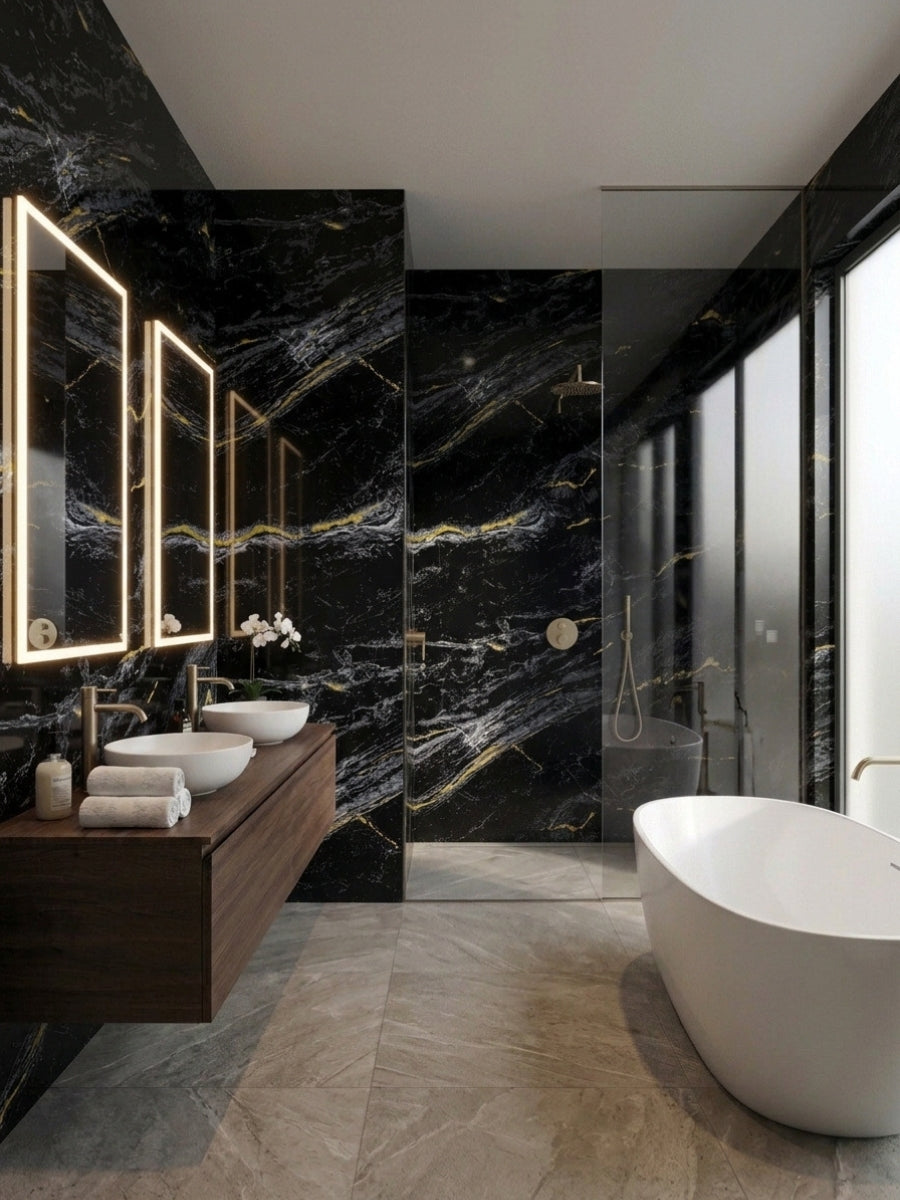 Midnight Gold Marble PVC wall panels surrounding a double vanity, glass shower, and freestanding tub in a modern bathroom