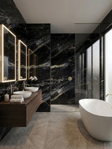 Midnight Gold Marble PVC wall panels surrounding a double vanity, glass shower, and freestanding tub in a modern bathroom