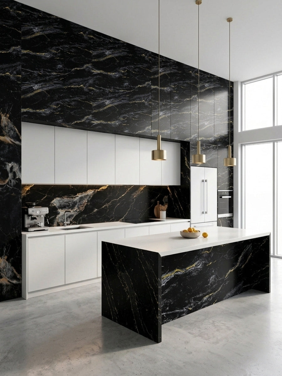 Modern white kitchen with Midnight Gold Marble panels across the backsplash, upper wall, and waterfall island
