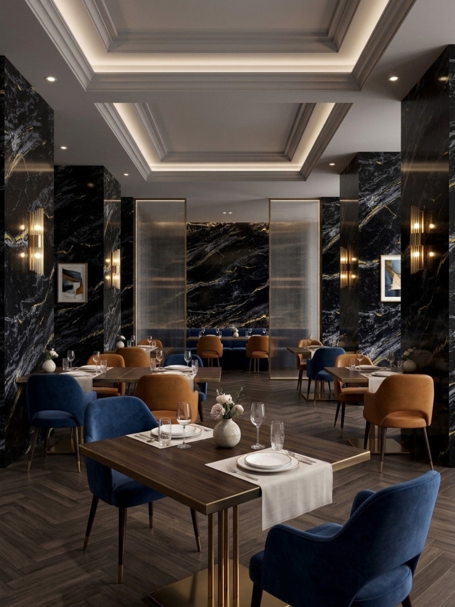 Restaurant dining room featuring Midnight Gold Marble wall panels, warm sconces, and blue and tan chairs