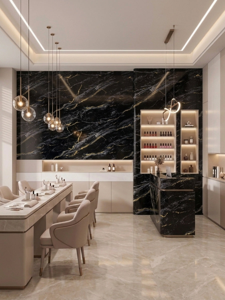 Bright modern dining space with Midnight Gold Marble wall panels, illuminated shelving, and pendant lights