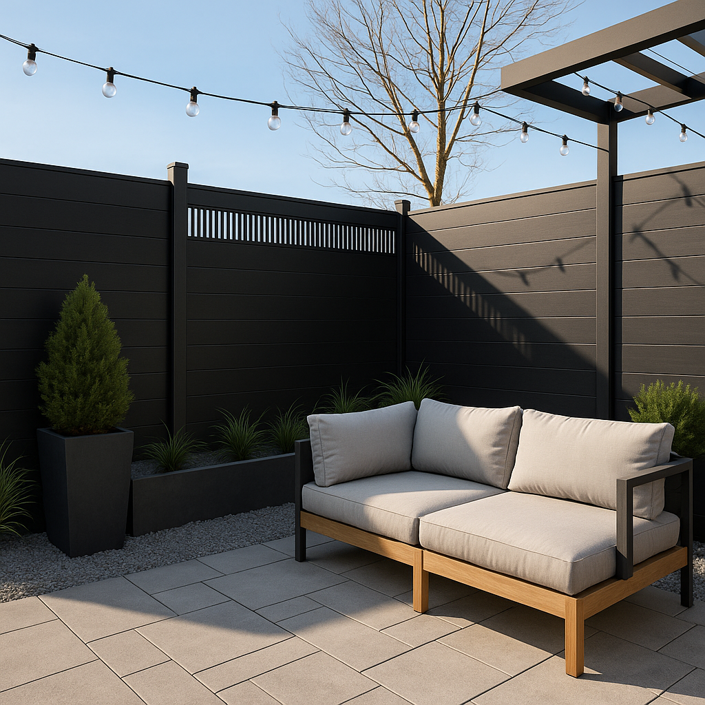 Modern hollow decorative fence panel with tropical plants and green lawn