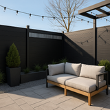 Modern hollow decorative fence panel with tropical plants and green lawn