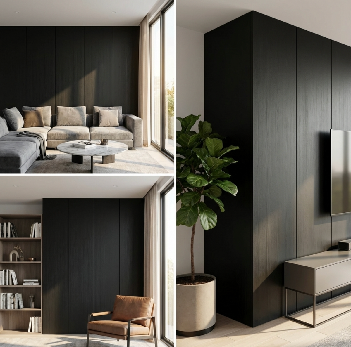 Blackwood veneer wall panels shown in modern living room, reading nook, and media wall settings