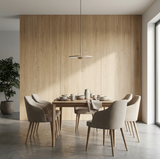 Floor-to-ceiling white oak veneer wall panels behind a modern dining table and upholstered chairs