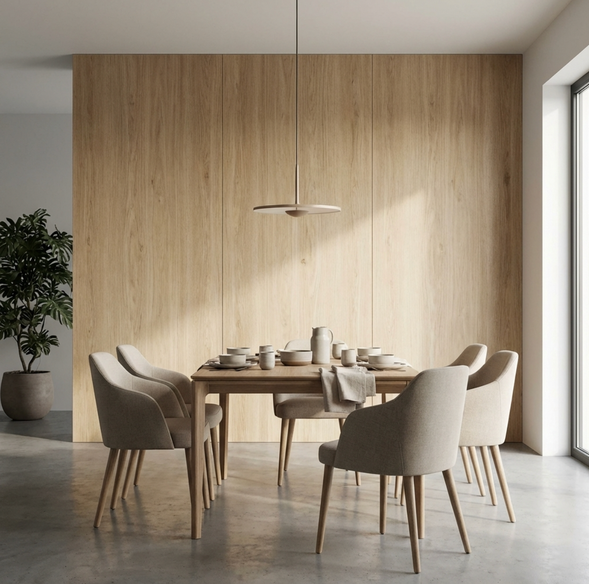 Floor-to-ceiling white oak veneer wall panels behind a modern dining table and upholstered chairs