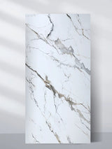 Upright 4 x 8 ft Moonlit Vein marble PVC wall panel with a white surface and sweeping gray and taupe veining