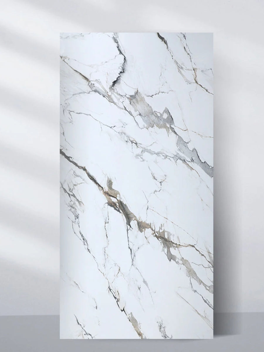 Upright 4 x 8 ft Moonlit Vein marble PVC wall panel with a white surface and sweeping gray and taupe veining