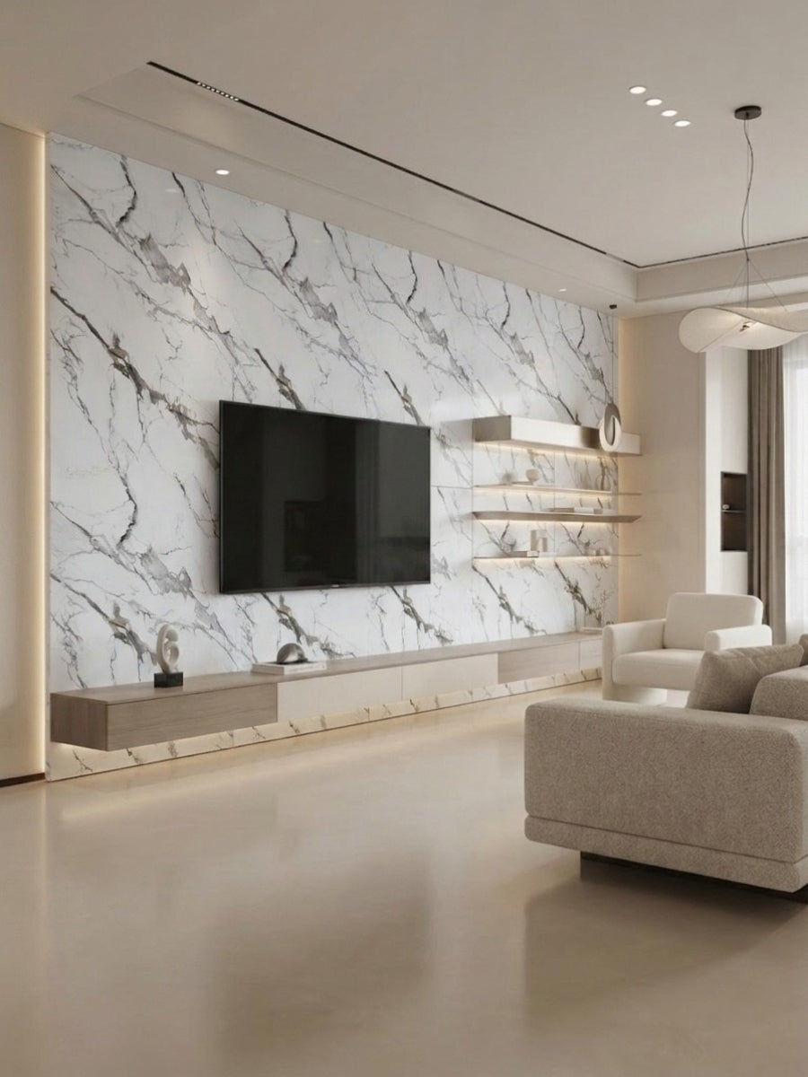Modern living room TV feature wall clad in white Moonlit Vein marble PVC panels with dramatic gray veining
