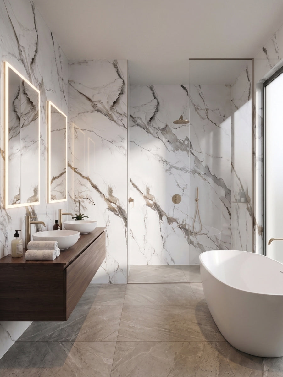 Moonlit Vein marble PVC wall panels surrounding a modern bathroom vanity, glass shower, and freestanding tub