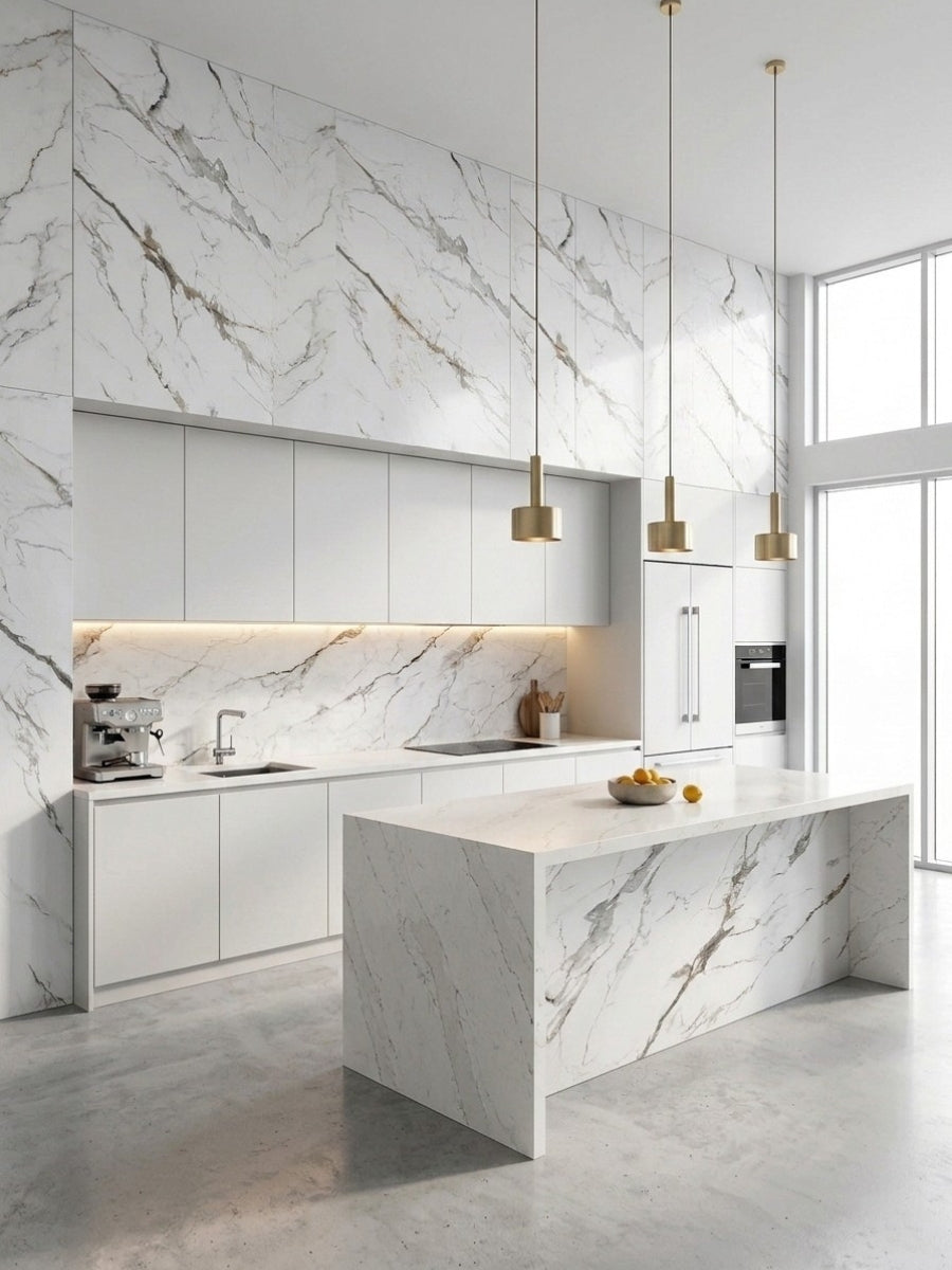 Bright modern kitchen with Moonlit Vein marble PVC wall panels above white cabinets and coordinating marble-look island