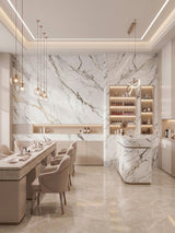 Contemporary dining and bar interior featuring Moonlit Vein marble PVC wall panels with sweeping gray and taupe veining