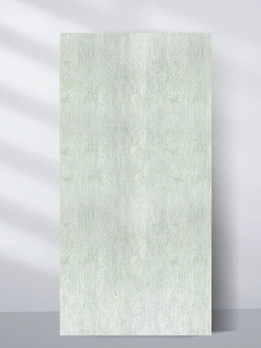 Pale green travertine-look PVC sheet with a rough vertical stone texture