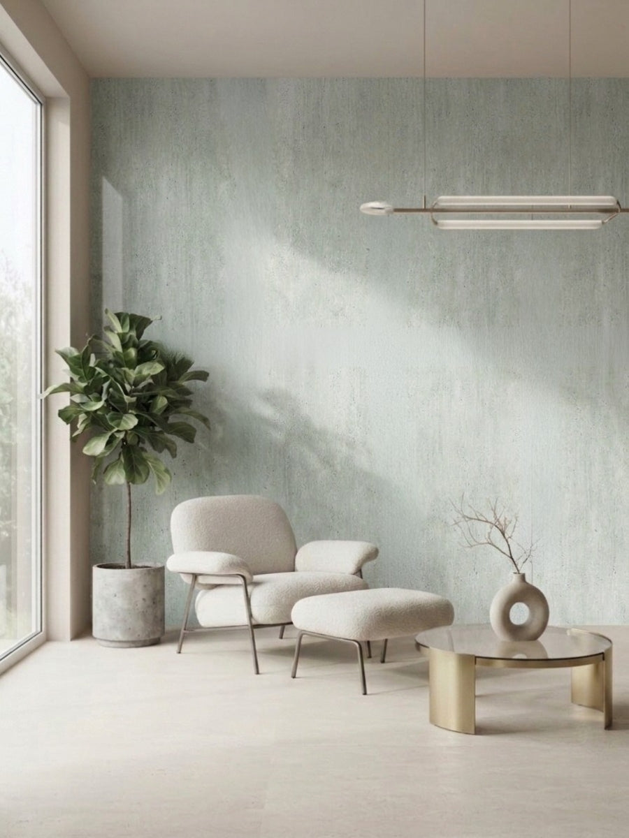 Pale green travertine-look wall panels in a bright modern lounge