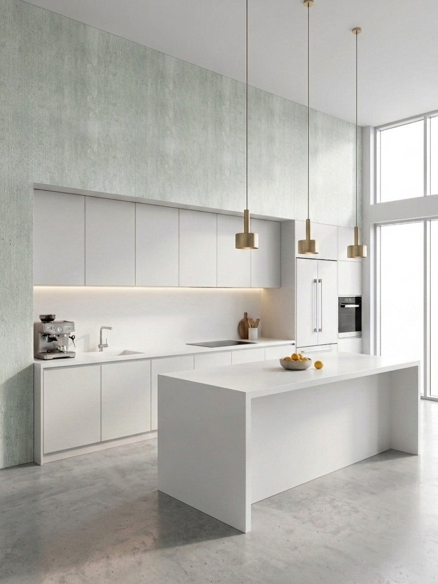 Rough-textured pale green travertine-look panels in a minimalist white kitchen