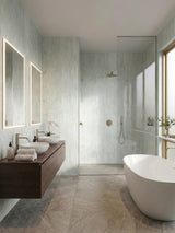 Waterproof pale green travertine-look PVC sheets lining a modern bathroom and shower