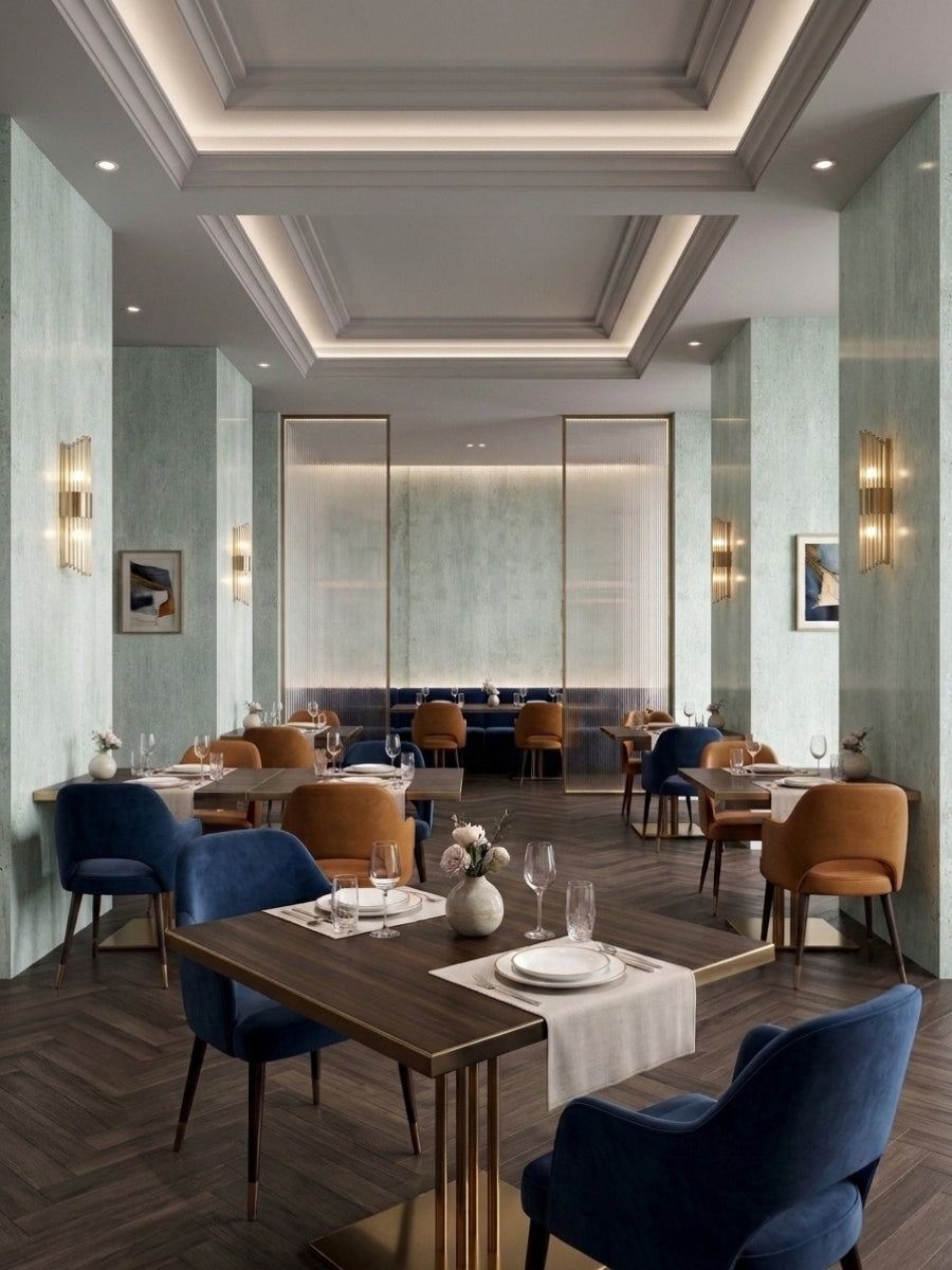 Pale green travertine-look wall panels installed in an elegant restaurant dining room