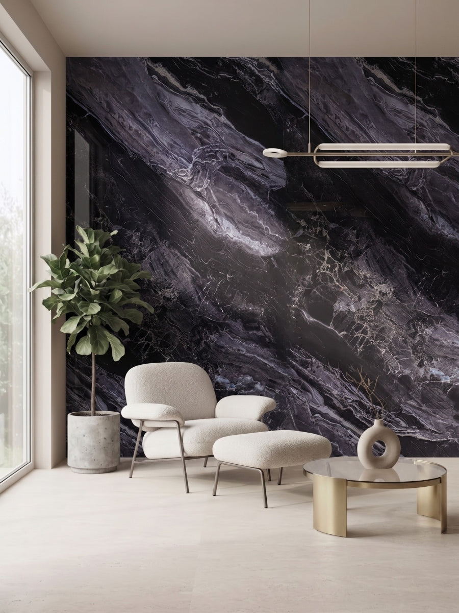 Noir Vein Marble PVC wall panels installed as a dramatic accent wall in a modern sitting area