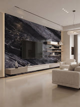 Modern living room media wall clad in black and gray Noir Vein Marble PVC panels