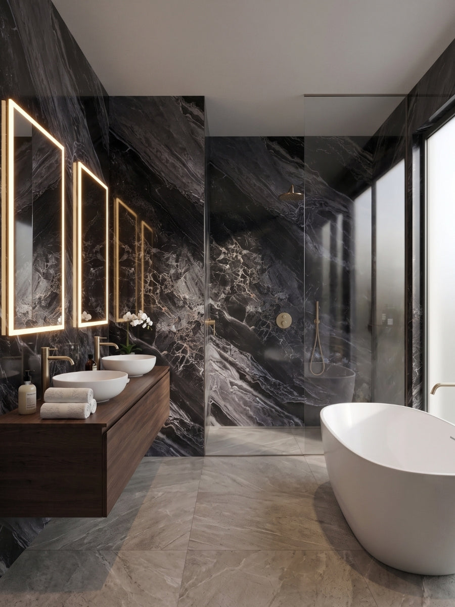 Noir Vein Marble PVC wall panels surrounding a modern bathroom vanity, shower and freestanding tub