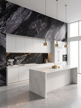 Black and gray Noir Vein Marble PVC panels installed on a modern kitchen wall and backsplash