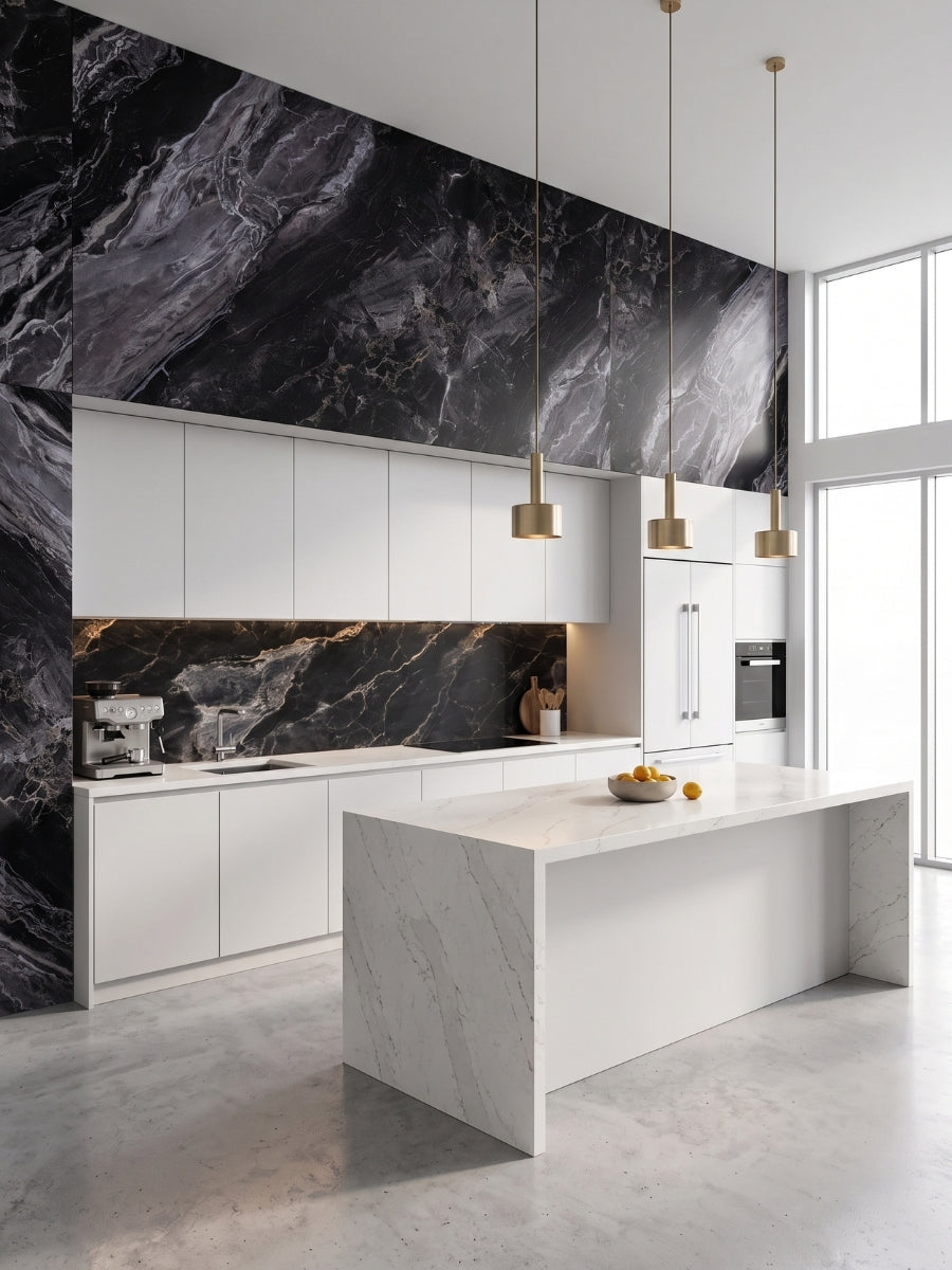 Black and gray Noir Vein Marble PVC panels installed on a modern kitchen wall and backsplash