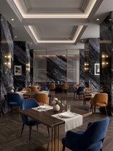 Restaurant dining room with columns and feature walls clad in Noir Vein Marble PVC panels
