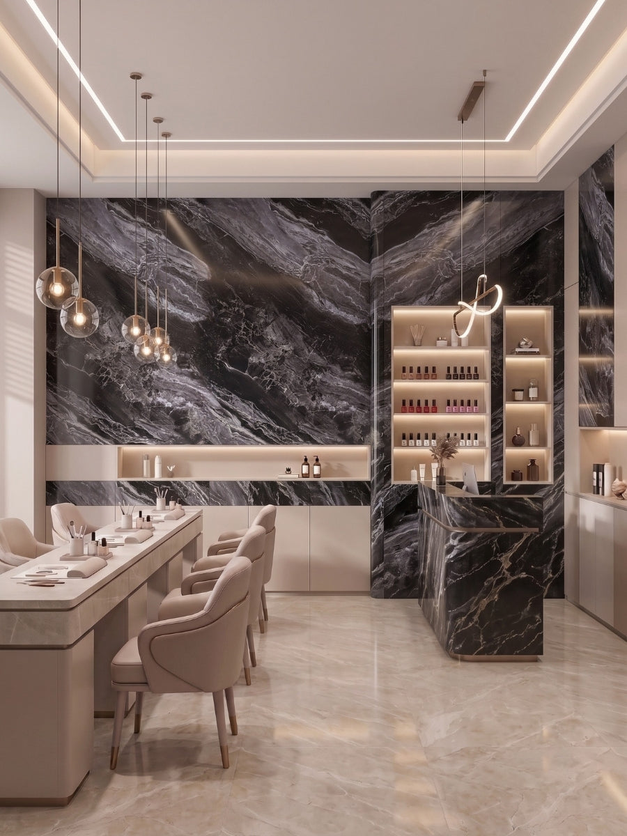 Contemporary bar and dining area featuring black and gray Noir Vein Marble PVC wall panels