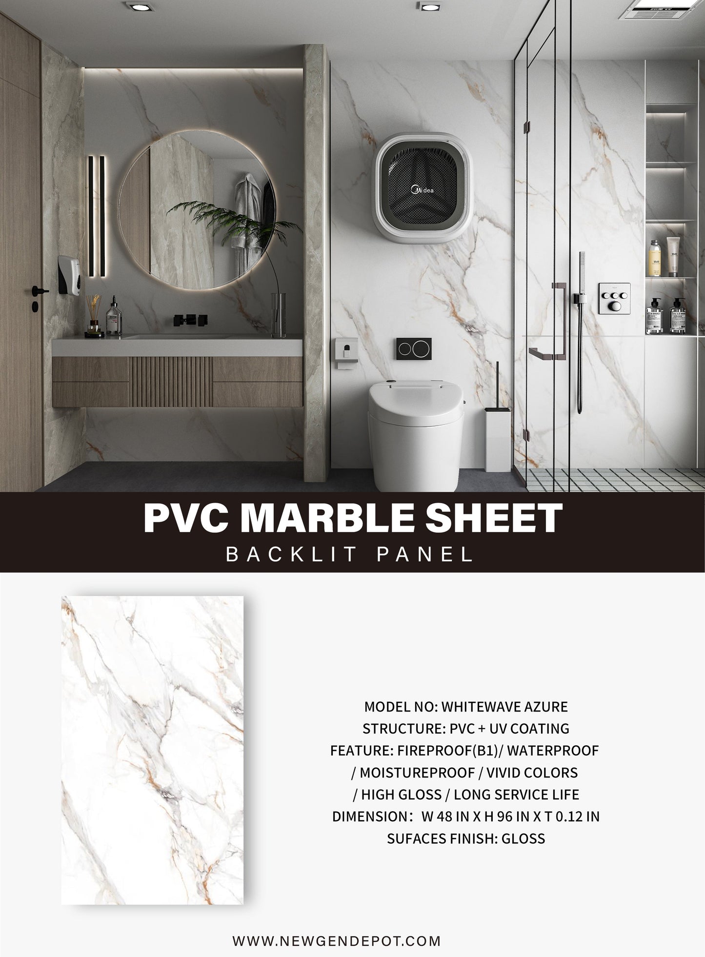 PVC 3D Marble Sheet Whitewave Azure Specifications. NewGen Depot
