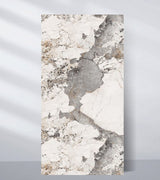 Wood veneer wall panel sample with an abstract white, gray, and beige stone-look pattern