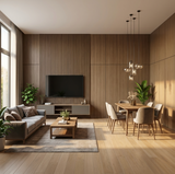 Royal Oak wood veneer wall panels with fluted accents in a modern living and dining room
