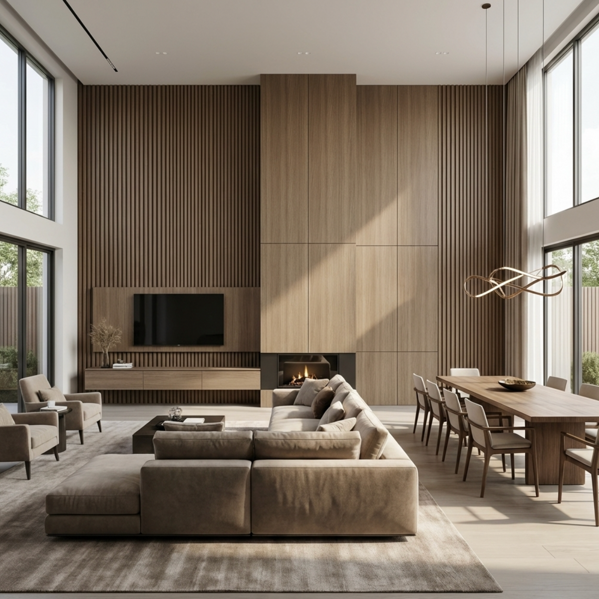 Royal Oak wood veneer feature wall with fluted sections, built-in TV and fireplace