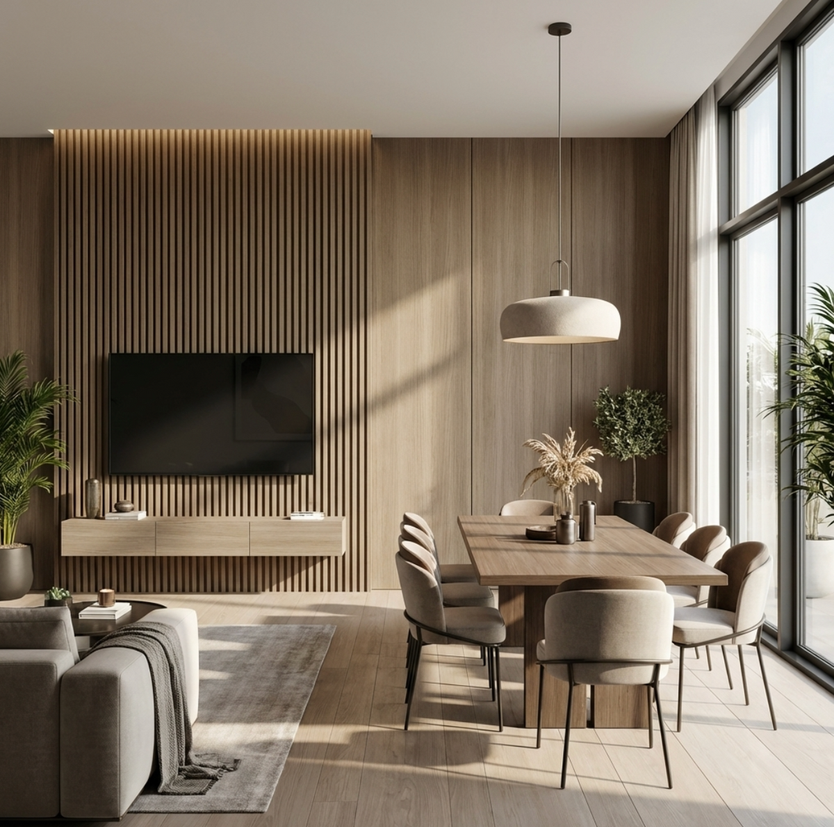 Royal Oak wood veneer and fluted TV wall in a sunlit living and dining space