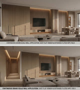 Two living room views with Royal Oak veneer walls, fluted sections and integrated lighting