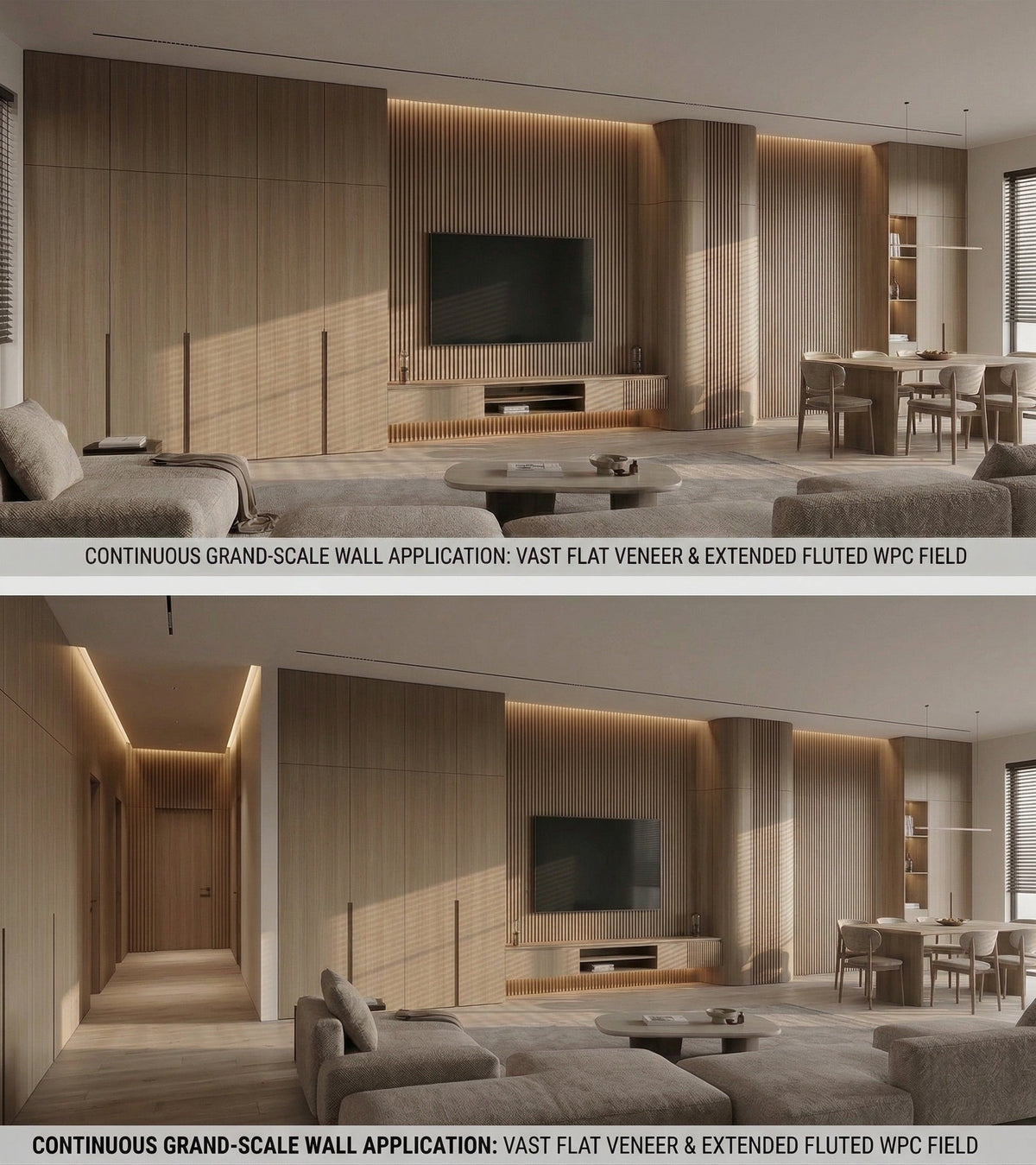 Two living room views with Royal Oak veneer walls, fluted sections and integrated lighting