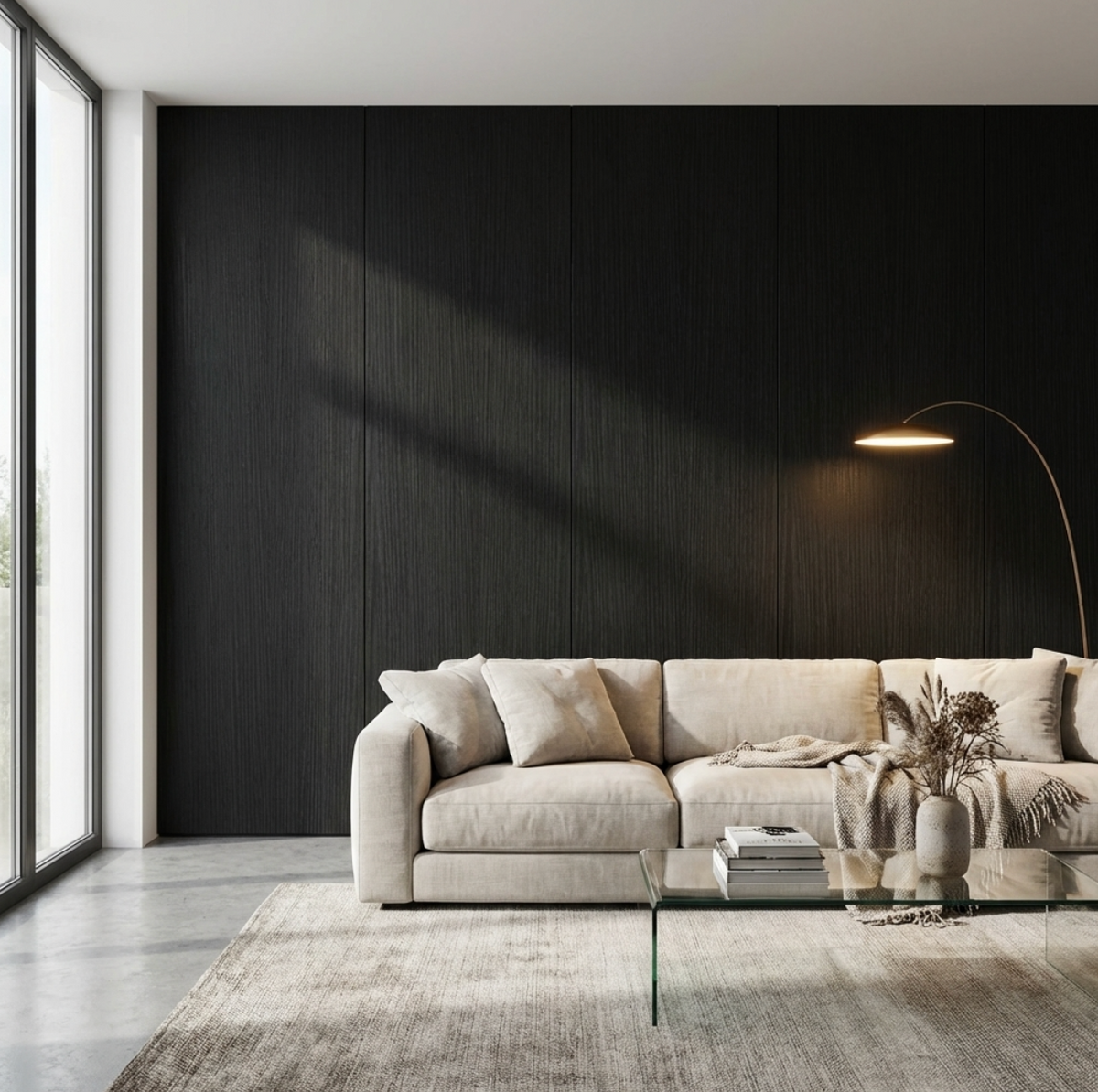 Blackwood veneer wall panels forming a dark vertical-grain feature wall behind a cream sofa