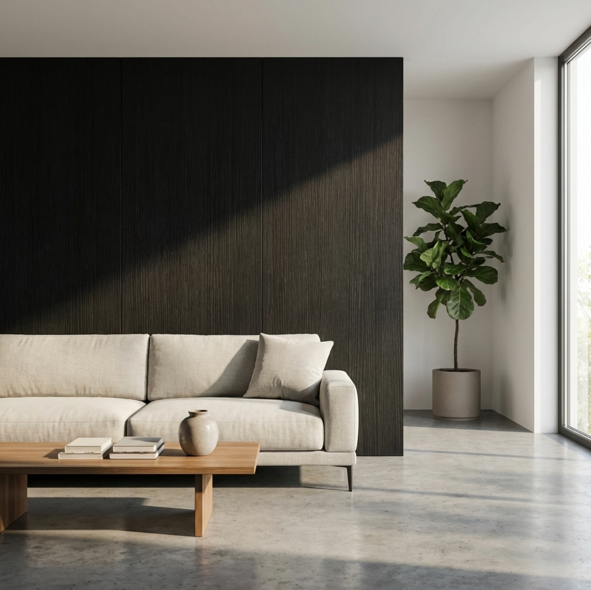 Dark blackwood veneer panel feature wall behind a cream sofa in a bright contemporary living room