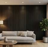 Blackwood veneer panels and vertical slat detailing behind a light sofa in a modern living room