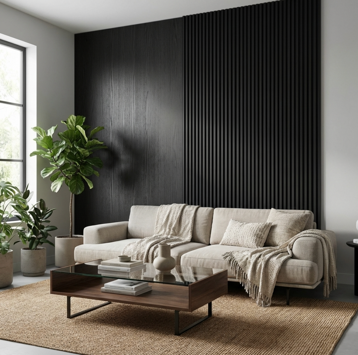 Blackwood veneer feature wall combining smooth panels and narrow vertical slats behind a cream sofa