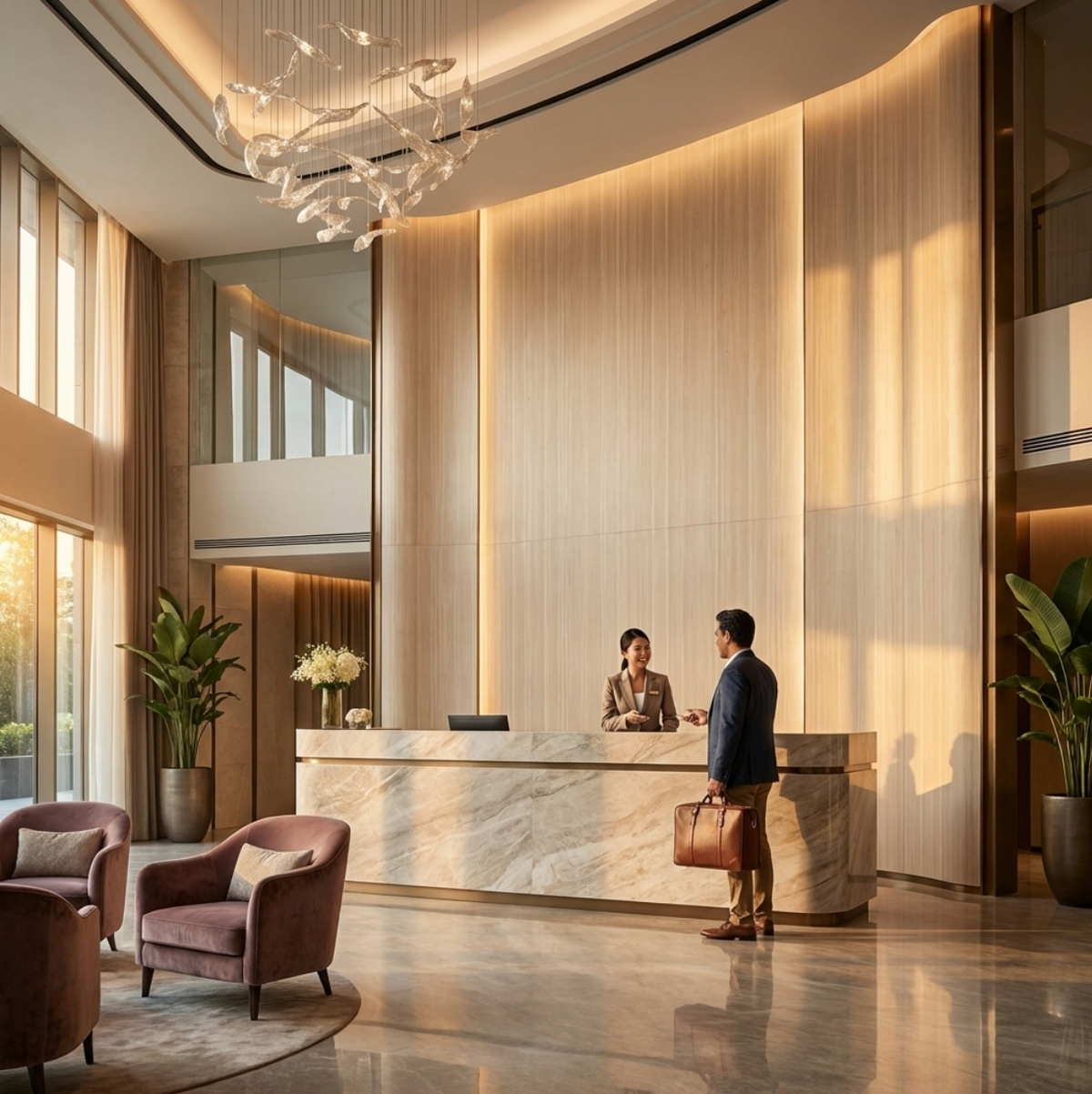 Tall Nordic birch wood veneer panels forming a curved feature wall behind a marble reception desk